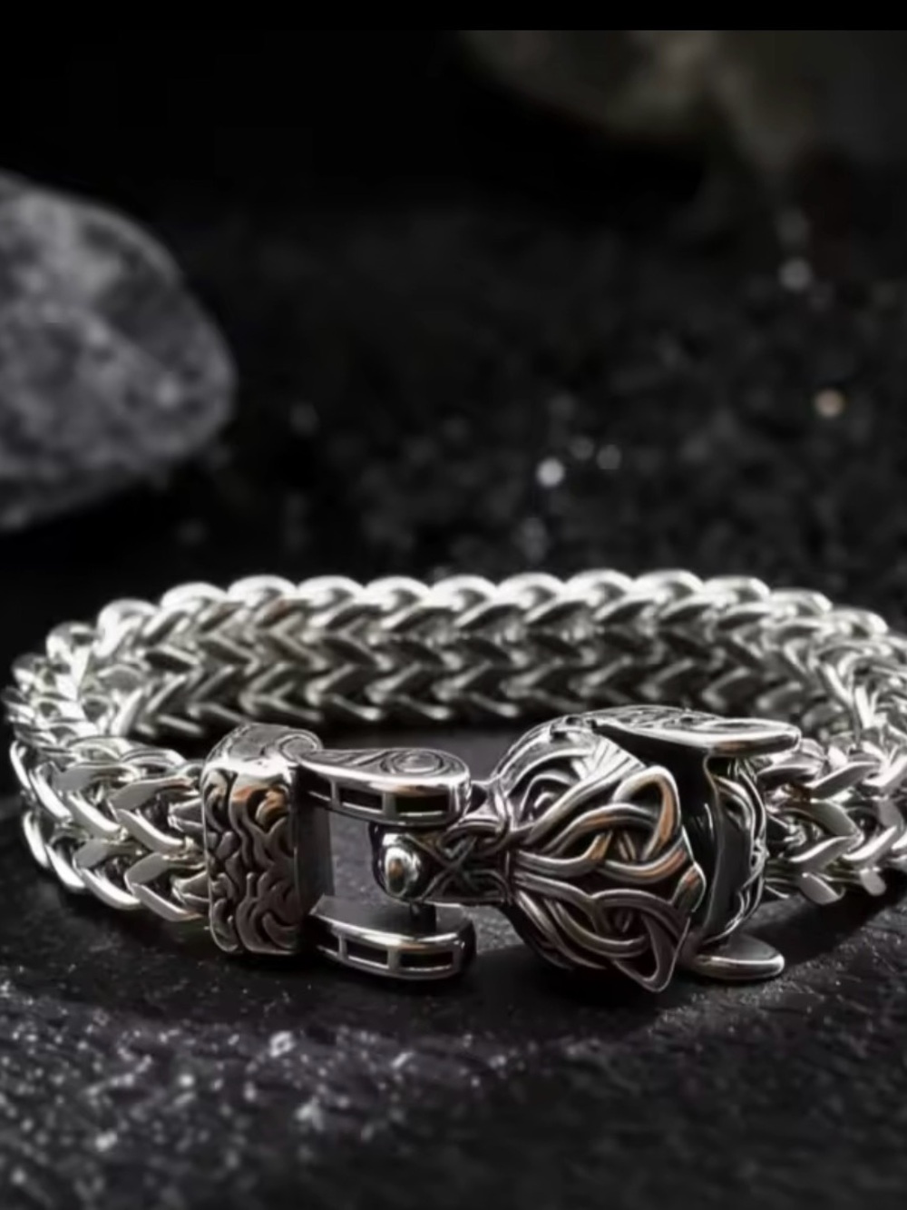 Sterling Silver Viking Wolf Bracelet - Braided Chain - Picture 2 of 11